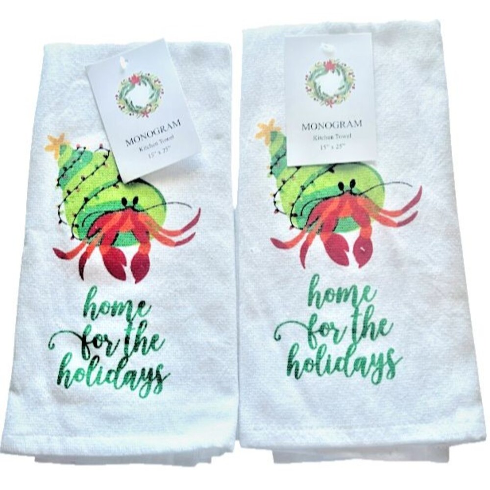 Christmas Kitchen Dish Towels Beach Hermit Crab White Cotton Beach Set Of 2